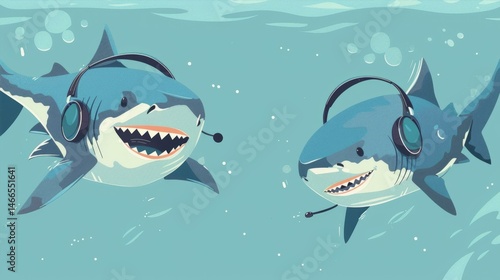 Cartoon Sharks Wearing Headsets Conversing Underwater in a Fun Graphic Style Illustration