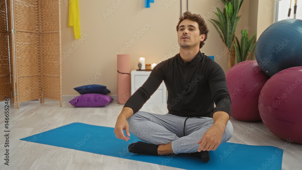 Fototapeta premium Man sitting on yoga mat in gym with exercise balls and candles, creating a peaceful indoor fitness scene focused on relaxation and mindfulness.