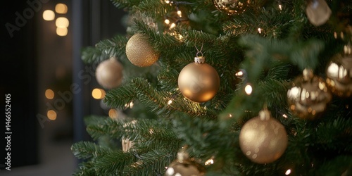 Festive Christmas Tree Close Up with Golden Bulbs and Decorations Against Dark Background