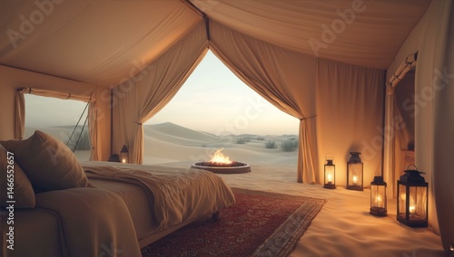 Desert Canvas Bedouin Tent Campfire Serenity Under Beige Fabric at Sunset Near Beige Sand Dunes