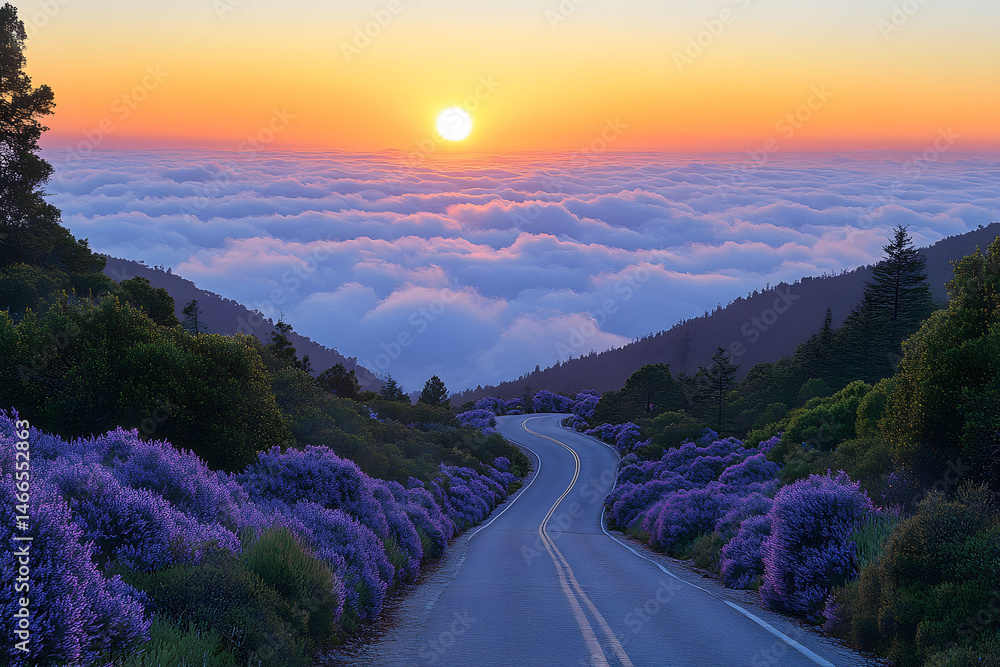 Serene Mountain Road at Sunrise with Lavender Blooms Above the Clouds