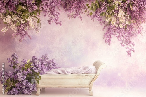 Dreamy Newborn Setting with Lilac Flowers and Vintage Bed in Soft Purple Light for Baby Photography