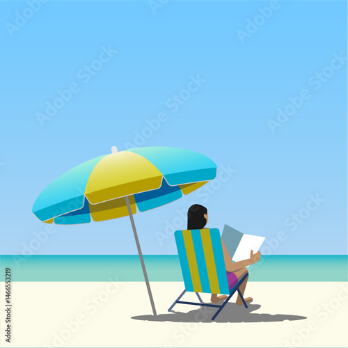 Relaxed person sitting on a beach and reading. Striped beach umbrella and sunbed, Vector Illustration 