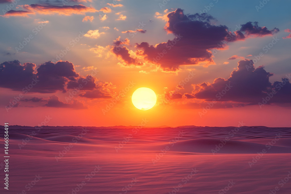 Majestic Desert Sunset with Vibrant Sky and Rolling Sand Dunes