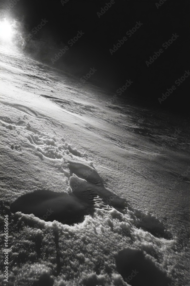 Fototapeta premium Footprints Frozen Landscape Exploration Black and White Scene Snowy Terrain Cold Winter Outdoors Tranquil View
