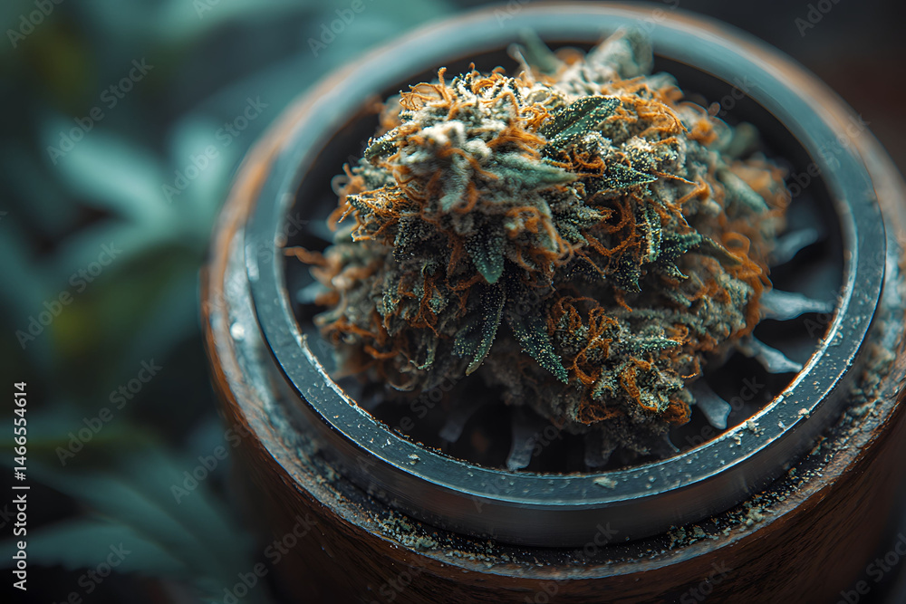 Close-Up of Cannabis Bud on Grinder for Medical Use and Awareness