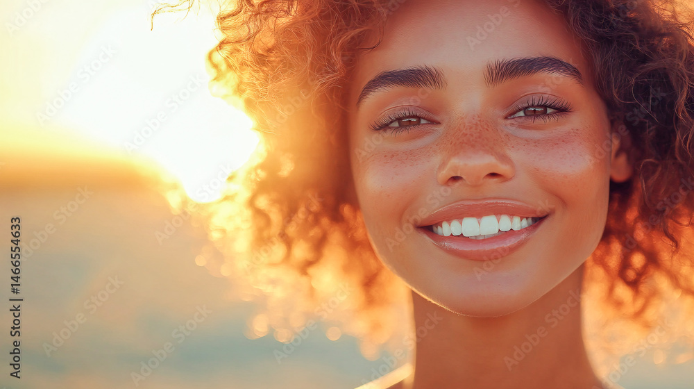 Fototapeta premium Radiant woman with flawless skin in soft focus warm golden hour lighting gentle smile minimalist background highlighting natural beauty skincare concept
