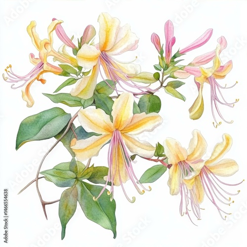 Fragrant Honeysuckle Blossom Watercolor Illustration Delicate Floral Art Botanical Artwork Detailed Painting