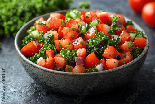 Obraz na płótnie Fresh Summer Salad with Kale, Tomato, and Red Onion - Perfect for Healthy Meals and Vegan Recipes w salonie