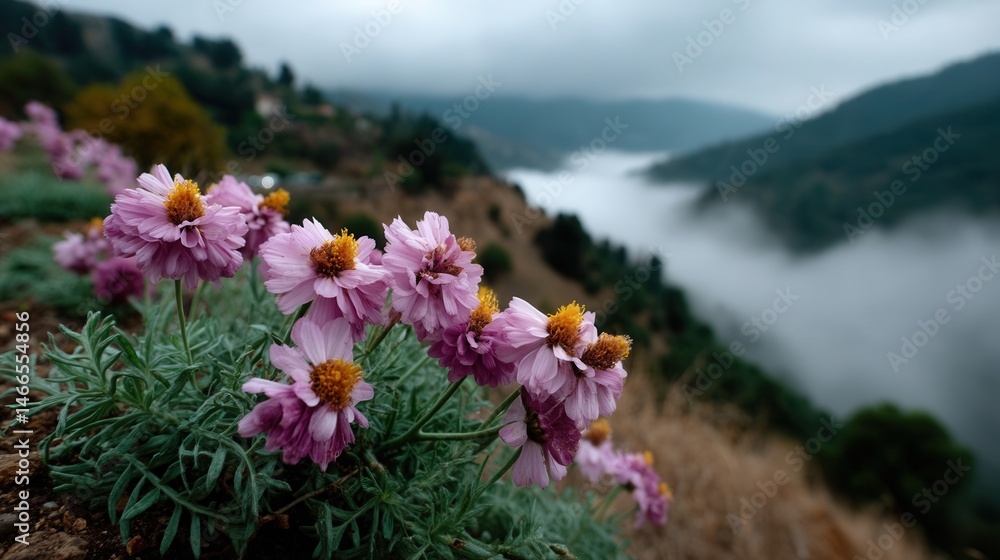 Fototapeta premium Beautiful pink flowers on a hillside overlooking a foggy river valley and mountain landscape