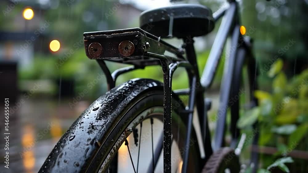 Close-up shot of a black bicycle in the rain, water droplets covering the tire, and warm bokeh lights in the background, creating a moody atmosphere. The wet plants add a touch of nature Close-up shot of a black bicycle in the rain, water droplets covering the tire, and warm bokeh lights in the background, creating a moody atmosphere. The wet plants add a touch of nature