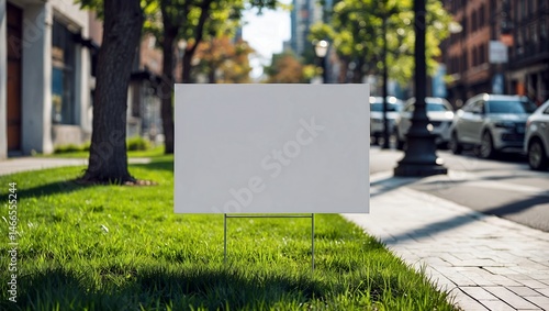 Blank yard sign on green grass by walking path