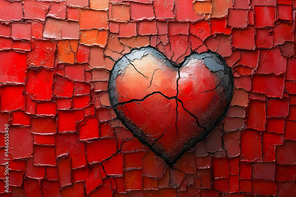 Cracked Heart on Textured Red Background - Love and Emotion Design for Art and Decor