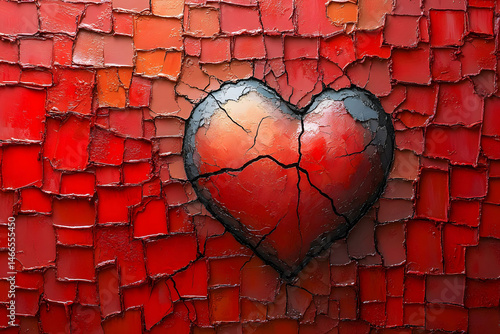Obraz na płótnie Cracked Heart on Textured Red Background - Love and Emotion Design for Art and Decor w salonie