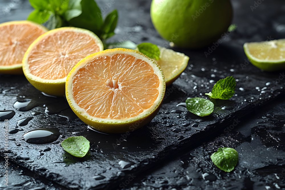 Fresh Citrus Arrangement on Slate with Mint Leaves and Water Droplets for Kitchen Decor