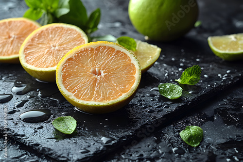 Obraz na płótnie Fresh Citrus Arrangement on Slate with Mint Leaves and Water Droplets for Kitchen Decor w salonie