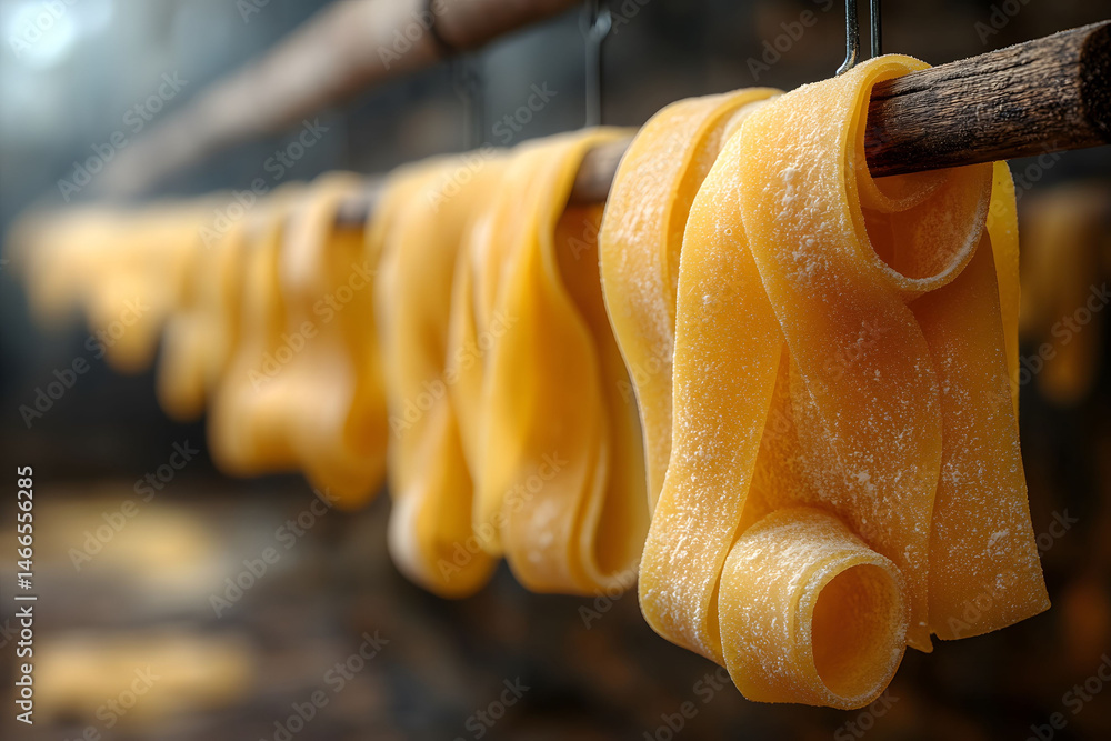 Freshly Made Italian Pasta Drying on Wooden Rack in Rustic Kitchen Setting