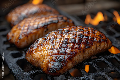 Grilled BBQ Duck Breasts on Flaming Barbecue for Culinary Presentation
