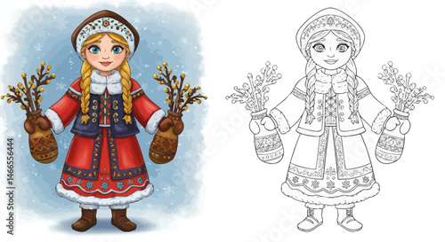Winter Maiden with Willow Branches: A captivating digital artwork portrays a young woman, beautifully adorned in traditional winter attire, gracefully holding willow branches amidst a gentle snowfall.