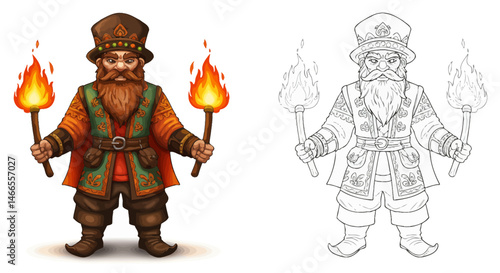 Mystical Guardian: A vibrant illustration captures a dwarf figure adorned in colorful attire, holding two flaming torches ablaze, his presence suggesting guardianship and mystical power.