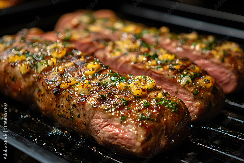 Grilled Garlic Herb Steak Close-Up for Culinary Arts and Restaurant Menus