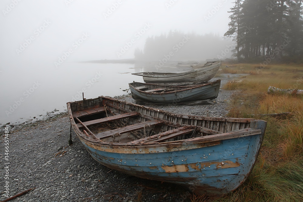 Fototapeta Antique wooden boats along hazy shore edge  
