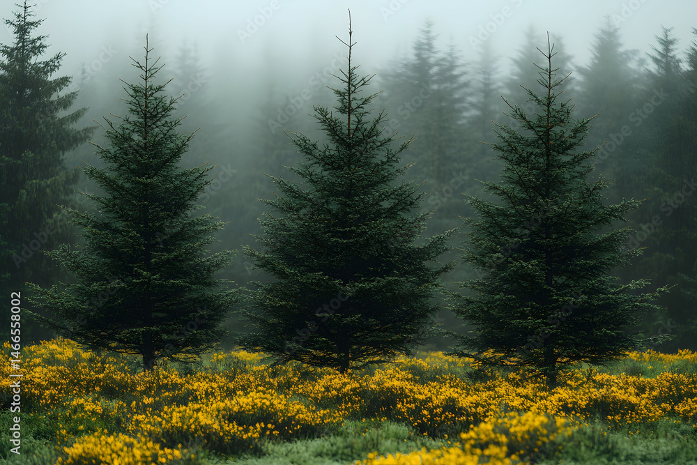 Misty Pine Forest with Yellow Wildflowers in Tranquil Landscape for Nature Photography