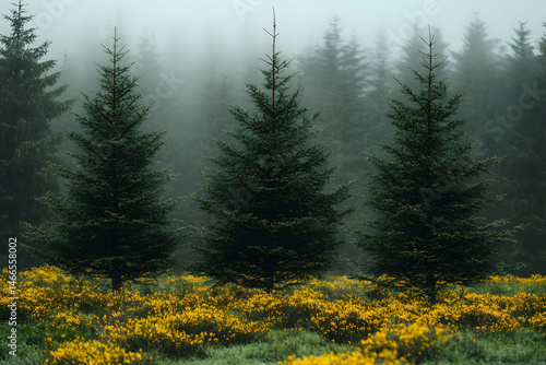 Obraz na płótnie Misty Pine Forest with Yellow Wildflowers in Tranquil Landscape for Nature Photography w salonie