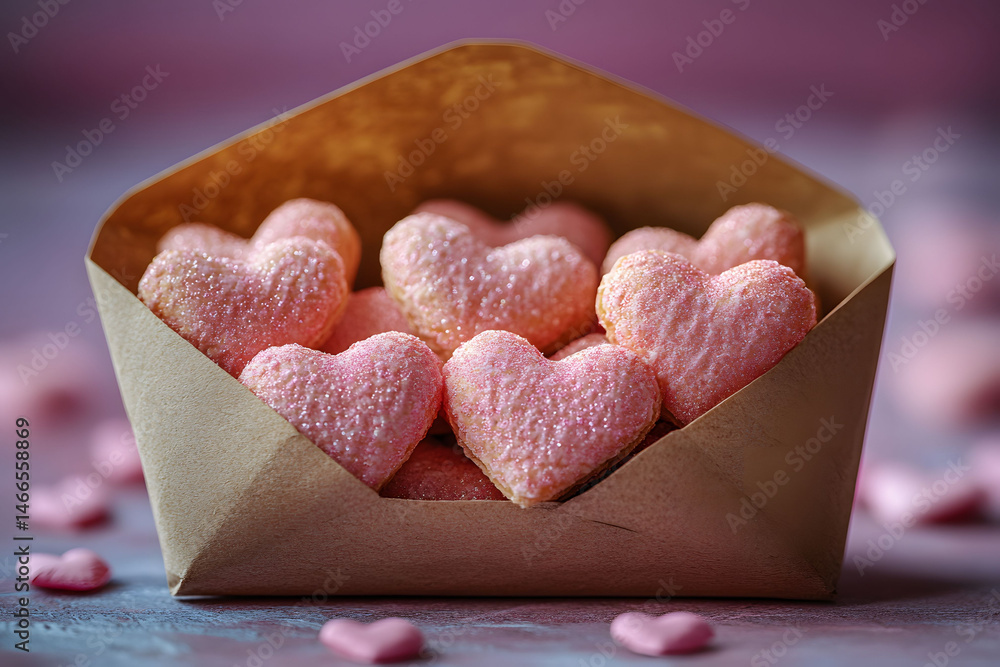 Heart-Shaped Pink Cookies in Envelope for Valentine's Day Gift and Celebration Design