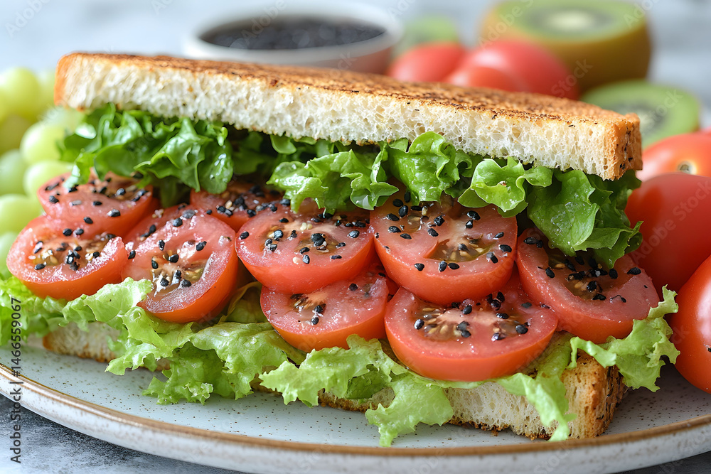 Fresh Vegan Tomato and Lettuce Sandwich with Black Sesame Seeds on Whole Wheat Bread