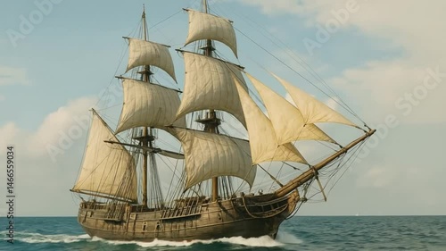 Vintage sailing ship navigating calm waters against a clear sky  