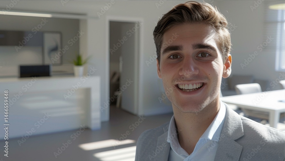 Smiling Young Man in Modern Office Setting with Natural Light and Neutral Color Palette Indoors Smiling Young Man in Modern Office Setting with Natural Light and Neutral Color Palette Indoors