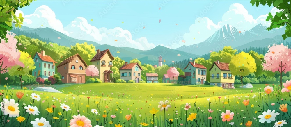 Fototapeta premium Spring Meadow with Houses in a Peaceful Village Landscape under a Blue Sky and Fluffy Clouds