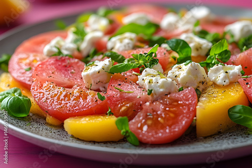 Obraz na płótnie Vibrant Tomato and Mozzarella Salad with Fresh Basil Leaves for Healthy Eating w salonie