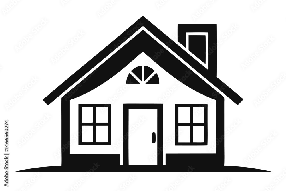 Simple black and white house icon stands featuring a chimney and two windows Simple black and white house icon stands featuring a chimney and two windows