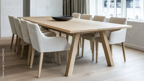 Natural oak table paired with beige chairs in a Scandinavian-inspired room