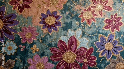 Colorful floral pattern with gold detailing on blue and brown background