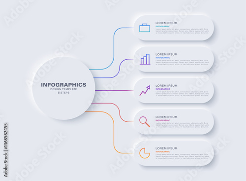 Neumorphism design infographic or five option chart. Minimal clean design with icons and text