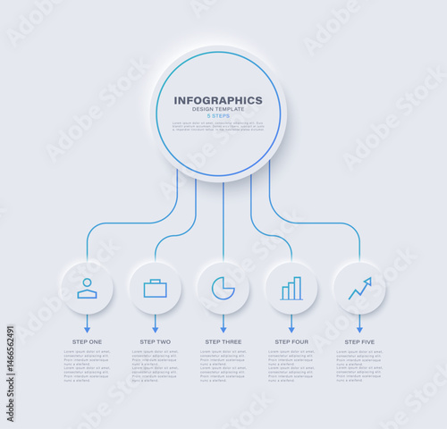 Neumorphism infographic flowchart design template. Business data visualization with five options and icons