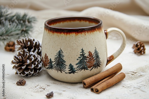 Wallpaper Mural A winter themed mug with pine trees and cinnamon sticks on a white textured surface with pine cones Torontodigital.ca