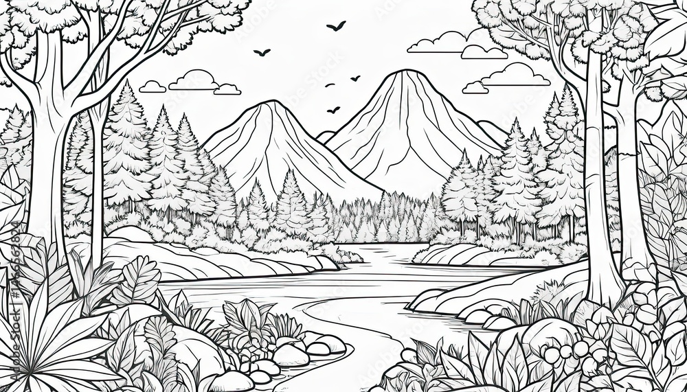 Fototapeta premium Black And White Line Art Illustration Of Volcanic Mountain Landscape