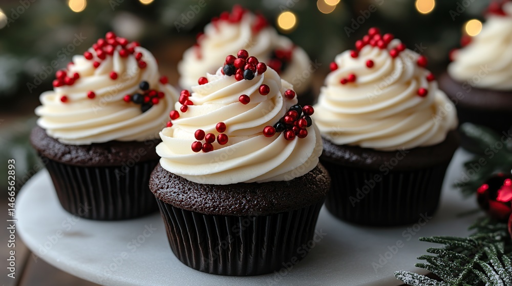 Festive chocolate cupcakes adorned with swirls of creamy frosting and red and black sprinkles Festive chocolate cupcakes adorned with swirls of creamy frosting and red and black sprinkles