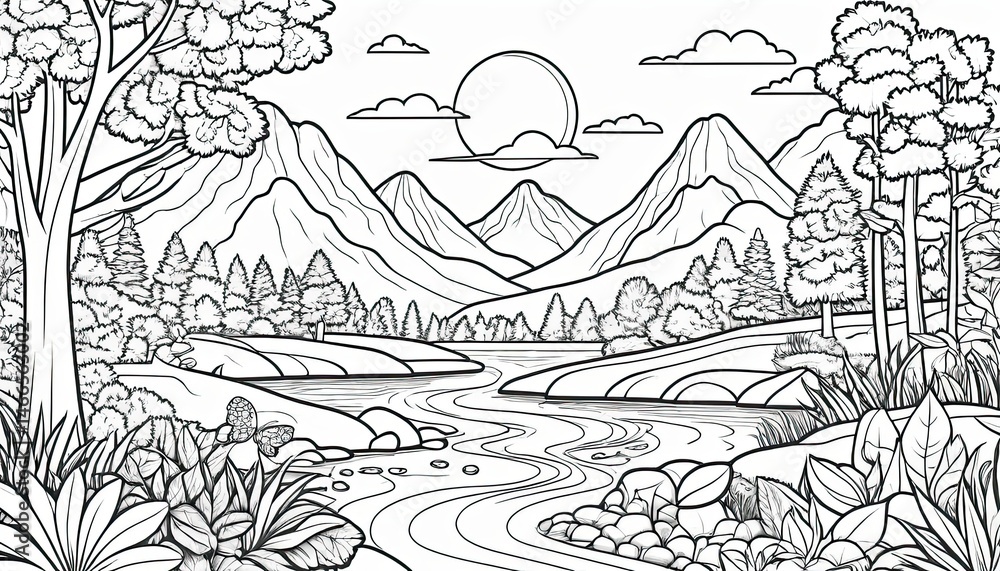 Fototapeta premium Black And White Line Art Mountain Lake Landscape Drawing