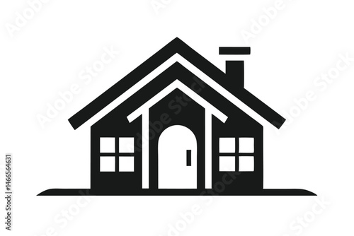 Isolated monochrome home icon shows gabled roof, windows, and chimney