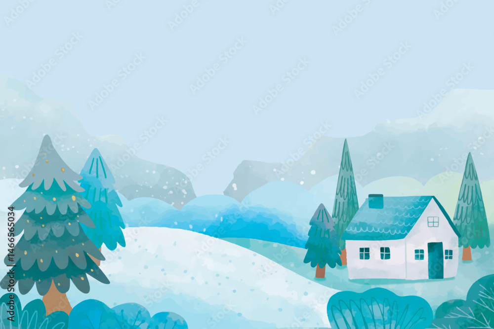 Fototapeta premium Watercolor Winter Cottage Scene in a Snowy Landscape background