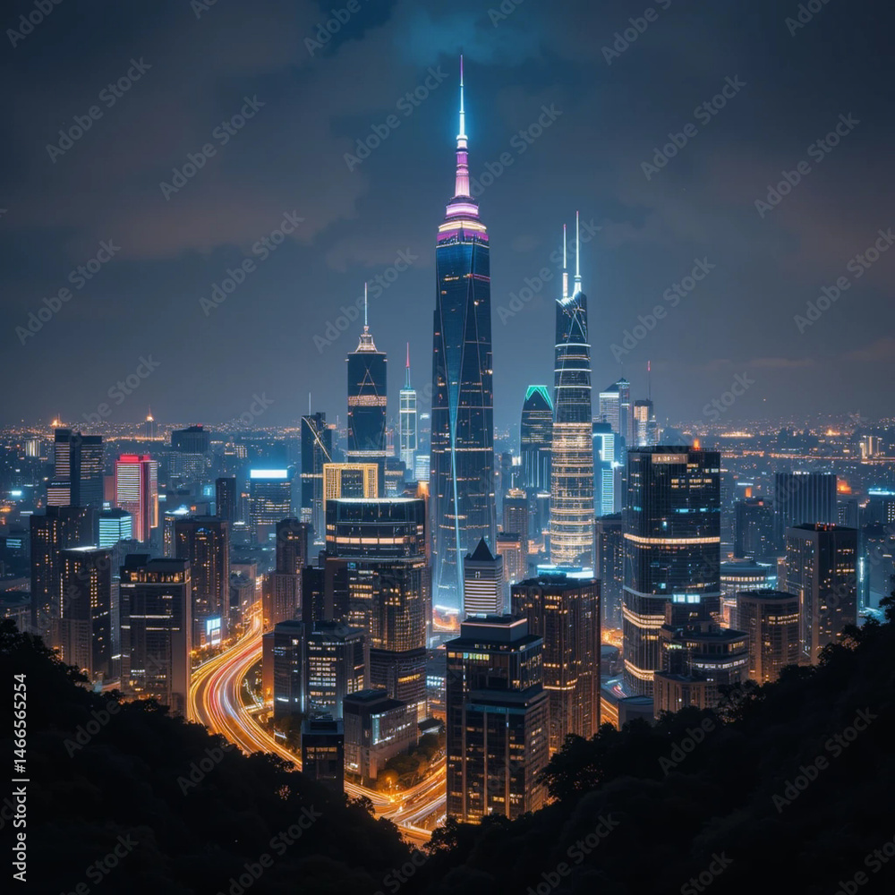 Obraz premium A vibrant night cityscape showcasing futuristic skyscrapers