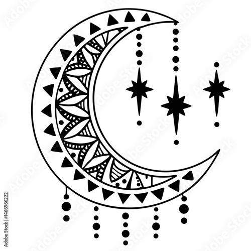 Abstract Tribal Moon with Stars in Black and White Design  