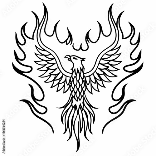 Tribal Phoenix Rising with Flame Shapes in Black and White  