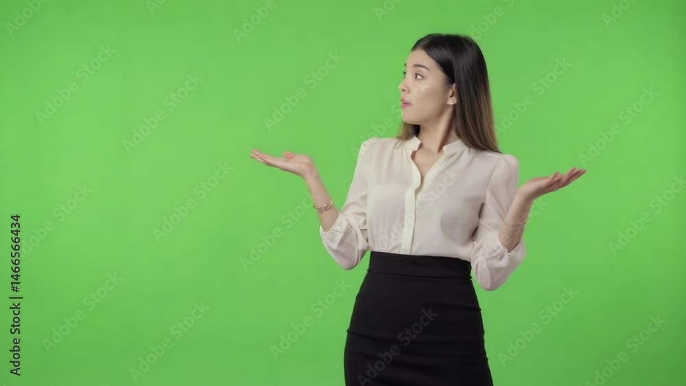 Woman gestures before green backdrop Woman gestures before green backdrop