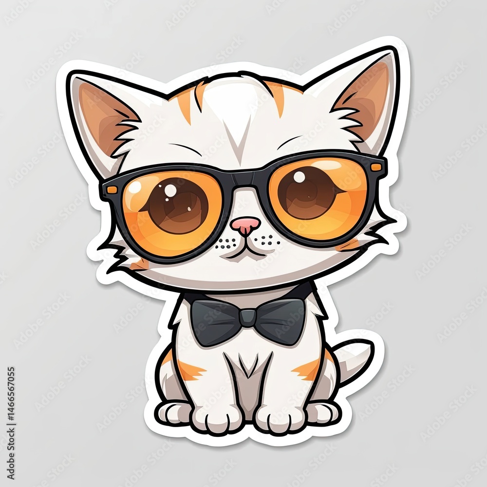 Fototapeta premium Cute Cartoon Cat Wearing Sunglasses and Bow Tie
